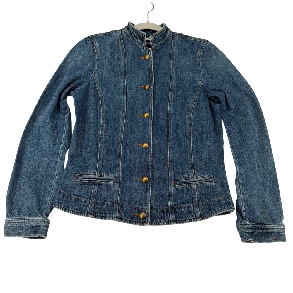 Y2K Chaps Denim Jacket Women Medium Denim Military Brass Button Mandarin Collar